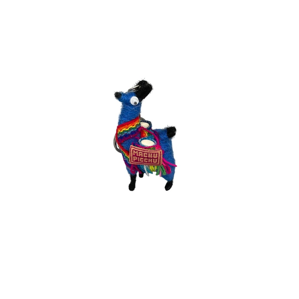 VTG Machu Picchu Peru Llama Keychain Blue Wool Alpaca Souvenir Rainbow Textile